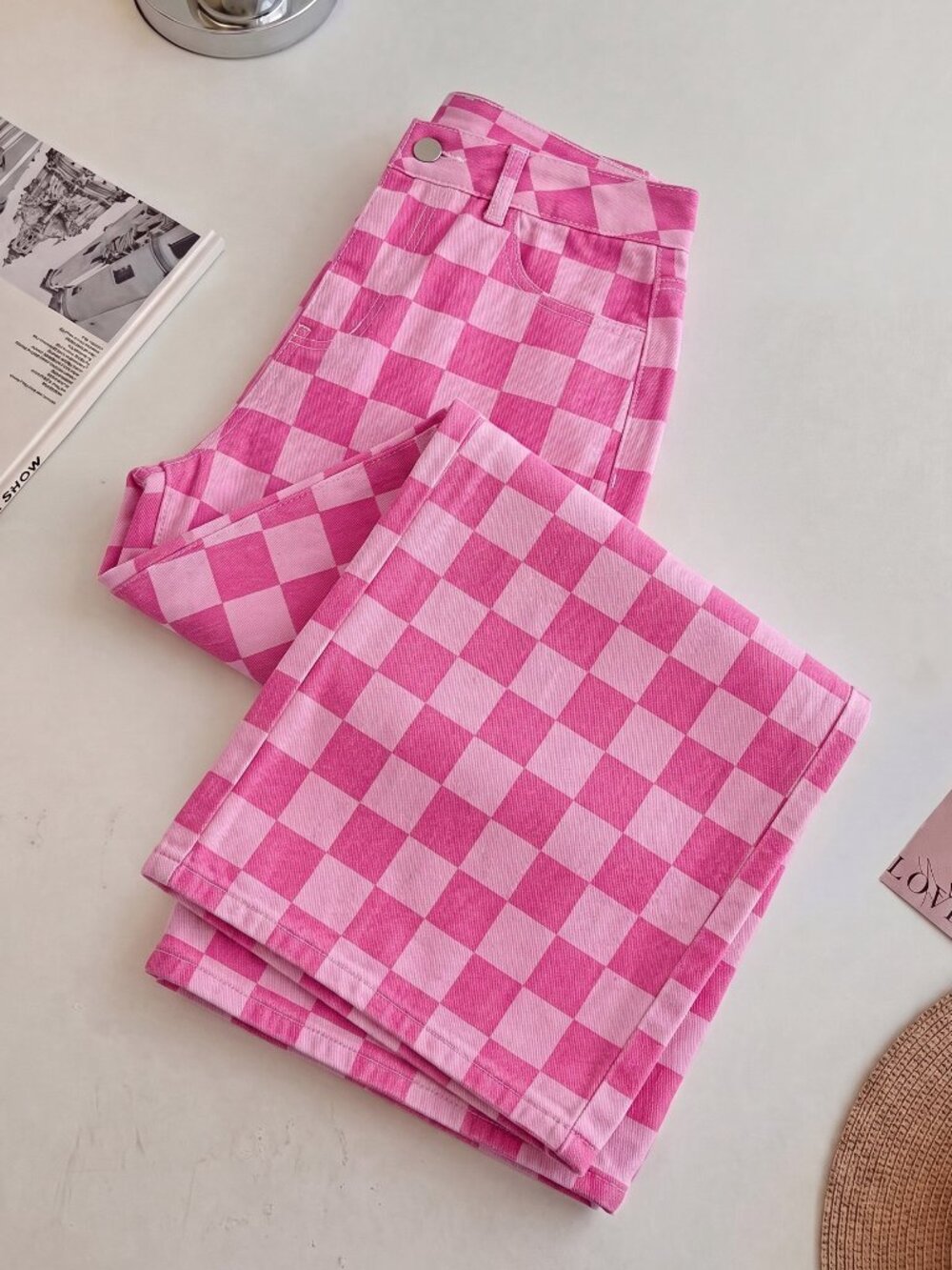Multicolor Casual Women's Checkerboard Print Denim Jeans - Picture 3 of 6